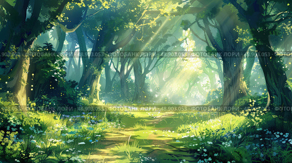 Painting dof winding path through a dense forest with trees, foliage, and dappled sunlight filtering through the leaves. Стоковое AI-изображение, AI-художник Данила Большаков / Фотобанк Лори