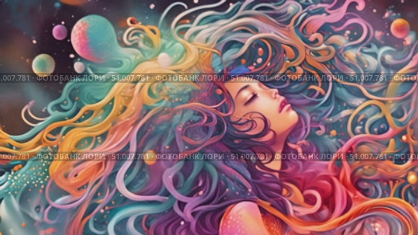 Painting of woman captured with flowing hair in motion. Artwork showcases womans hair being blown by wind, adding dynamism to composition. Стоковое AI-видео, аниматор Данила Большаков / Фотобанк Лори