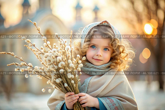 Palm Sunday. Christianity. Portrait of a three-year-old girl in a Russian folk shawl with willow branches in her hands against the background of an Orthodox church. Стоковое AI-изображение, AI-художник Photojuli / Фотобанк Лори