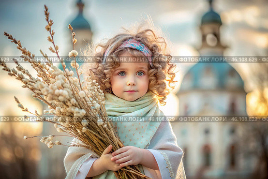 Palm Sunday. Christianity. Portrait of a three-year-old girl in a Russian folk shawl with willow branches in her hands against the background of an Orthodox church. Стоковое AI-изображение, AI-художник Photojuli / Фотобанк Лори