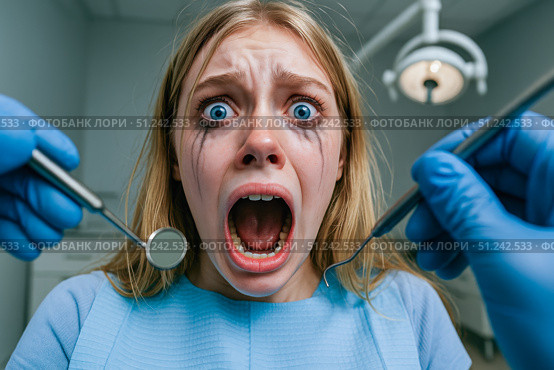 Panicked girl with smeared makeup screaming dental chair shows extreme dentist fear emotional reaction medical anxiety photograph stock illustration. Стоковое AI-изображение, AI-художник Павел Муравьев / Фотобанк Лори