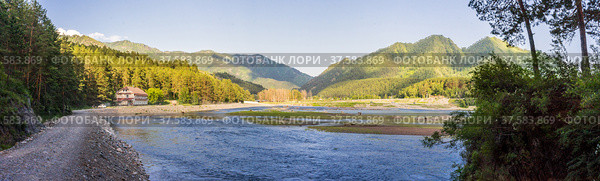 Panorama of Chemal river and Camel mountain in Altai. Стоковое фото, фотограф Дмитрий Тищенко / Фотобанк Лори