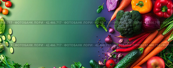Панорамный вид на разнообразные цветные фрукты и овощи, демонстрирующий свежесть рыночных продуктов. Стоковое AI-изображение, AI-художник Сергей Милянчиков / Фотобанк Лори