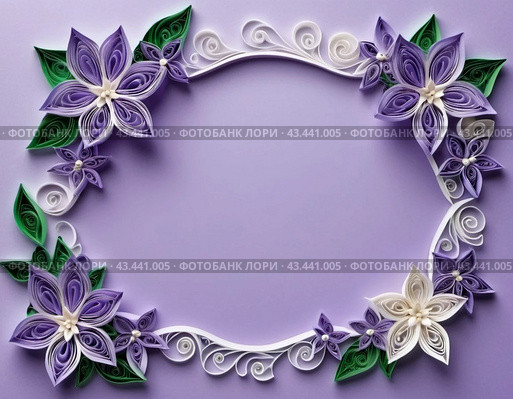 Paper flowers crafted using quilling technique. Flowers are in shades of purple, lavender, lilac color and white, and are arranged in circular pattern background. Frame with copy space. AI generated. Стоковое AI-изображение, AI-художник Юлия Петровская / Фотобанк Лори