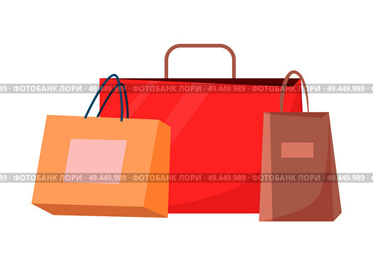 Paper shopping bags vector illustration of disposable packages with handles isolated on white. Packets for parcels, colorful shopping bags vector set. Paper Shopping Bags Vector Disposable Packages. Стоковая иллюстрация, агентство Ingram Publishing / Фотобанк Лори