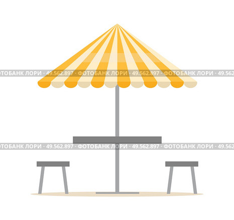 Parasol with table, chairs resort equipment, striped umbrella and seat in flat design style, nobody leisure place, summer element, beach furniture vector. Beach Equipment, Parasol and Chairs, Summer Vector. Стоковая иллюстрация, агентство Ingram Publishing / Фотобанк Лори