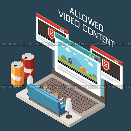 Parental web control isometric composition with blocked unwanted content children watching allowed cartoon on laptop vector illustration. Стоковая иллюстрация, агентство Ingram Publishing / Фотобанк Лори