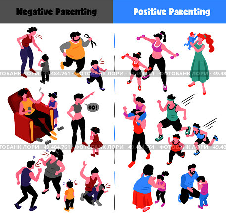 Parenting isometric icons set depicting positive and negative ways of raising children 3d isolated vector illustration. Стоковая иллюстрация, агентство Ingram Publishing / Фотобанк Лори