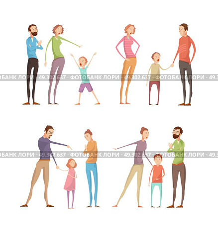 Parents Abusing Child Compositions. Set of four isolated adults abuse children compositions with flat characters of quarreling parents and kids vector illustration. Стоковая иллюстрация, агентство Ingram Publishing / Фотобанк Лори