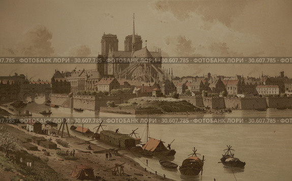 Париж, 1595 год. Вид на Собор Нотр-Дам. Стоковая иллюстрация, иллюстратор Евгений Ковалев / Фотобанк Лори