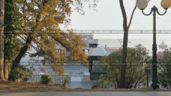 Парк имени М.В. Фрунзе Сочи вид на кафе на набережной (2024 год). Стоковое видео, видеограф Сергей Татаринцев / Фотобанк Лори