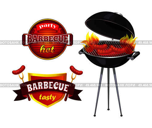 Party barbecue isolated icons set vector. Shield with ribbons and flames, roasted sausages on roaster. Brazier with cooking frankfurter broiling meal. Party Barbecue Set of Icons Vector Illustration. Стоковая иллюстрация, агентство Ingram Publishing / Фотобанк Лори