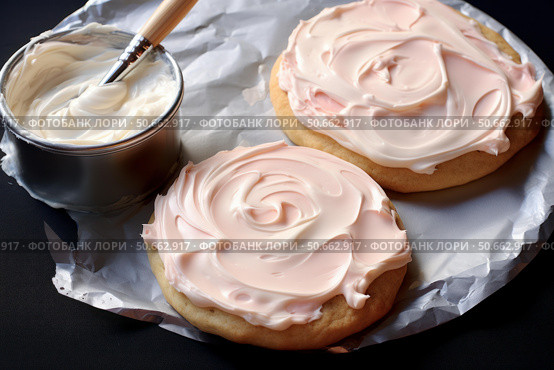 Pastry chef spreading pink frosting on freshly baked cookies. Стоковое AI-изображение, AI-художник Иван Рябоконь / Фотобанк Лори