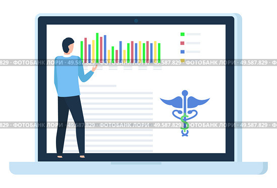 Patient diagnosis in laptop, back view of man using computer, healthcare online. Graph report, caduceus symbol, hospital web information, diagnose vector. Diagnosis Online, Medical Care, Laptop Vector. Стоковая иллюстрация, агентство Ingram Publishing / Фотобанк Лори