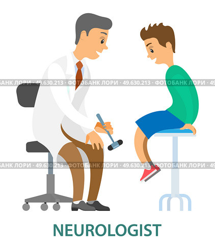 Patient doctor medical examination. Doctor neurologist examining a schoolboy for diagnosis in hospital room. Male doctor with neurological hammer isolated cartoon character on white background. Patient doctor medical examination. Doctor neurologist examining boy for diagnosis in hospital room. Стоковая иллюстрация, агентство Ingram Publishing / Фотобанк Лори