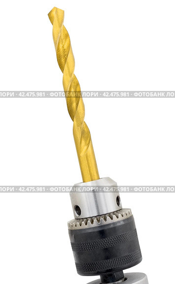 Патрон дрели и сверла на белом фоне. Cordless drill with twist bit closeup isolated on white. Стоковое фото, фотограф Татьяна Д / Фотобанк Лори