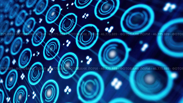 Pattern of small blue spinning circles and pixels moving on a electronic screen. Стоковое фото, фотограф David Kashakhi / Фотобанк Лори