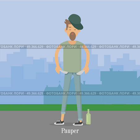 Pauper Men with Empty Pockets in City Park.. Pauper men with empty pockets in city park. Bottle of vodka whisky near by. Alky, wino male. Unfortunate, poverty pleb. Alcoholic, dipsomaniac, drunkard. Vector illustration in flat style. Стоковая иллюстрация, агентство Ingram Publishing / Фотобанк Лори