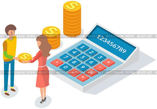 Pay check, salary income, financial success concept. People counting budget on calculator. Girl with guy exchanges money, gives gold dolar coins. Characters are counting savings, money, pennies. Girl with guy exchanges money, gives gold dolar coins. People counting budget on calculator. Стоковая иллюстрация, агентство Ingram Publishing / Фотобанк Лори