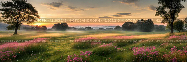 Peacefulness of a countryside meadow bathed in the soft light of dawn. Стоковое AI-изображение, AI-художник Ольга Хорошунова / Фотобанк Лори