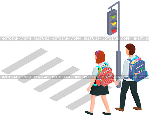Pedestrian crossing on street. Crosswalk with people pedestrians. Schoolchildren or students crossing city road. Movement and transportation in town. Track with road marking and traffic light. Crosswalk with people pedestrians. Schoolchildren or students crossing city road with traffic light. Стоковая иллюстрация, агентство Ingram Publishing / Фотобанк Лори