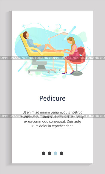 Pedicure vector, pedicurist with client sitting on special high armchair, pedicurist of spa salon, beautification of woman polishing nails on toes. Website or app slider, landing page flat style. Pedicure in Spa Salon, Pedicurist Working at Job. Стоковая иллюстрация, агентство Ingram Publishing / Фотобанк Лори