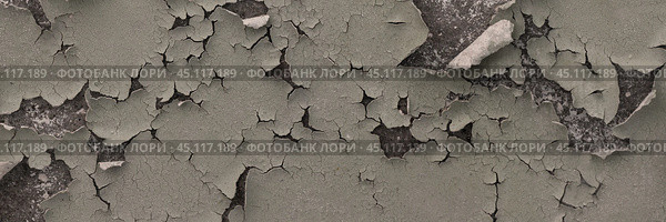 Peeling paint on the wall. Panorama of a concrete wall with old cracked flaking paint. Weathered rough painted surface with patterns of cracks and peeling. Wide panoramic grungy texture for background. Стоковое фото, фотограф Андрей Степанов / Фотобанк Лори
