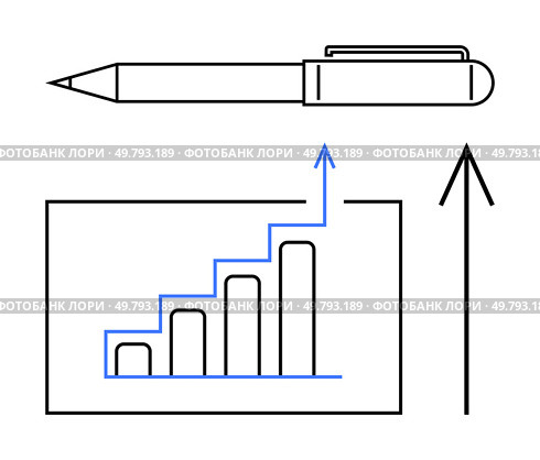 Pen, ascending bar graph, and upward arrow indicating growth and success. Ideal for business strategy, performance increase, financial growth, productivity boost, professional development, market. Pen, ascending bar graph, and upward arrow symbolizing growth and progress in business and productivity. Стоковая иллюстрация, агентство Ingram Publishing / Фотобанк Лори