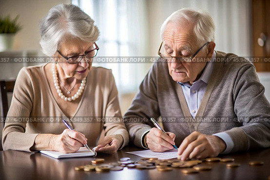 Pension. Saving money. Savings. An elderly couple calculates their savings. Financial literacy. Стоковое AI-изображение, AI-художник Photojuli / Фотобанк Лори