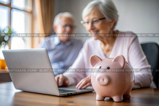 Pension. Saving money. Savings. Piggy bank in the form of a pig in close-up, Calculating the total amount of the budget. An elderly woman learns how to interact with a laptop in online payments, finance, loans, transactions. Стоковое AI-изображение, AI-художник Photojuli / Фотобанк Лори
