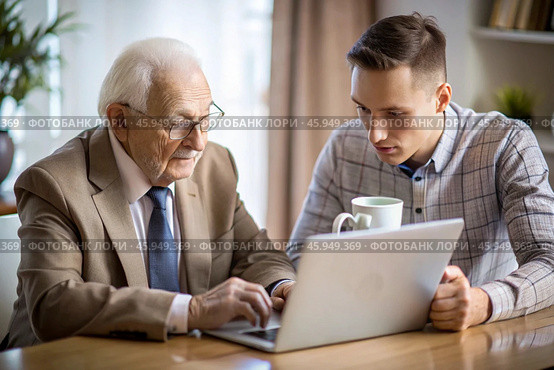 Pension. Saving money. Savings. The son teaches his retired father financial literacy. Стоковое AI-изображение, AI-художник Photojuli / Фотобанк Лори