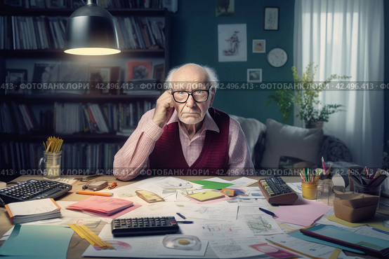 Pensioner managing and calculating finances. Generate Ai. Стоковое AI-изображение, AI-художник Иван Рябоконь / Фотобанк Лори