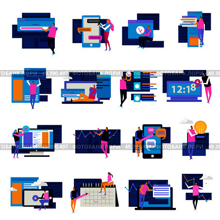 People and interfaces flat icons collection of isolated people and electronic device screens with windows and pictograms vector illustration. People Apps Icon Set. Стоковая иллюстрация, агентство Ingram Publishing / Фотобанк Лори