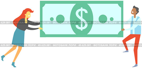 People are grabbing dollar bill and pulling it in their direction. Man and woman cannot split money. Colleagues share banknote. Cartoon characters have fun holding money in hands vector illustration. People are grabbing dollar bill and pulling it in their direction. Colleagues share banknote. Стоковая иллюстрация, агентство Ingram Publishing / Фотобанк Лори