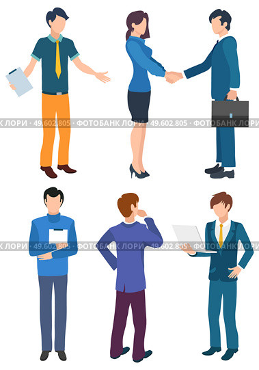 People at meeting vector, isolated characters handshakes. Lady and businessmen agreeing on contract and working proposition. Assistant with papers. Managers Work, Office Workers at Meeting Handshake. Стоковая иллюстрация, агентство Ingram Publishing / Фотобанк Лори