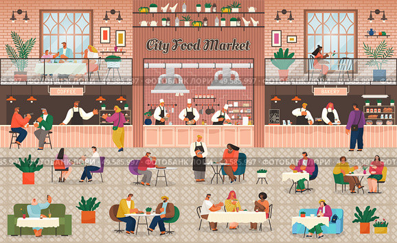 People eat in food court in shopping mall, city food market, eating out vector. Buying snacks or fastfood, coffee and bakery, drinks kiosk. Characters at tables, supermarket interior illustration. Food Court in Shopping Mall, Eating Out, Market. Стоковая иллюстрация, агентство Ingram Publishing / Фотобанк Лори