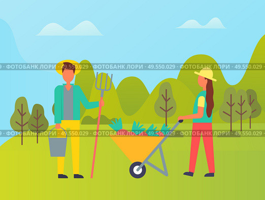 People holding special tools vector, farming period. Man and woman with gathered carrots on cart, hayfork and bucket. Forest with trees and bushes. Harvesting Season, Man and Woman Working on Field. Стоковая иллюстрация, агентство Ingram Publishing / Фотобанк Лори