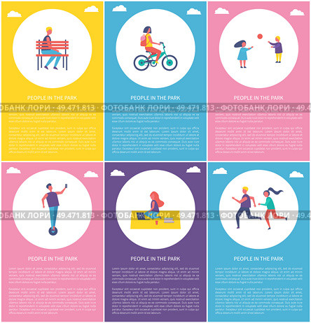 People in park poster two children playing with ball. Man riding on segway, couple jogging together, lonely guy sitting on bench vector set of posters. People in Park Poster Children Ball Segway Runner. Стоковая иллюстрация, агентство Ingram Publishing / Фотобанк Лори