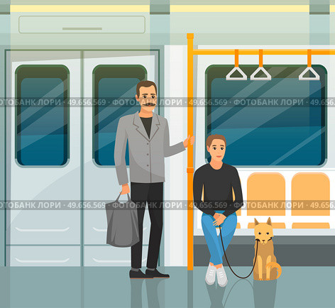 People in subway train car, sitting on seats, standing and holding handrails. Businessman and woman with dog travel in subway car. Public underground transport passengers vector illustration. Businessman and woman with dog travel in subway car. Public underground transport passengers. Стоковая иллюстрация, агентство Ingram Publishing / Фотобанк Лори