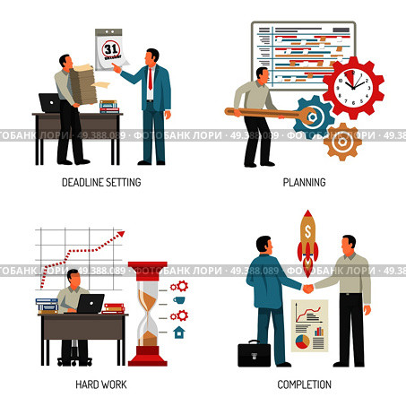 People planning and completing work at office 2x2 design concept isolated on white background flat vector illustration. Planning 2x2 Design Concept. Стоковая иллюстрация, агентство Ingram Publishing / Фотобанк Лори