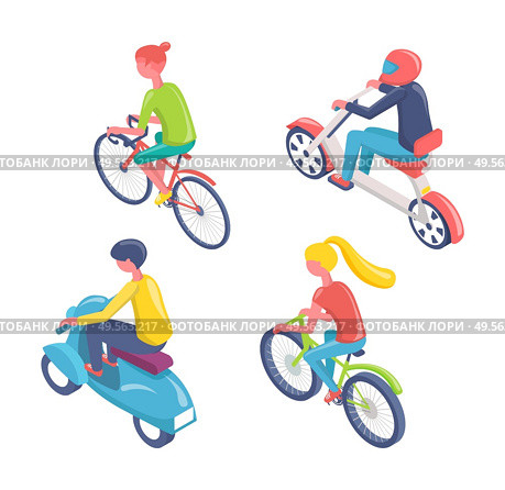 People riding bikes vector, teenagers and adults using eco transport isolated set of bikers wearing helmets for protection. Hobby of man and woman. Eco Transport People on Scooters and Bicycles Set. Стоковая иллюстрация, агентство Ingram Publishing / Фотобанк Лори