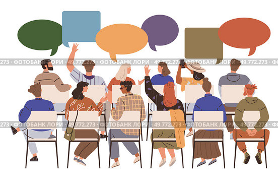 People seated, with backs turned, participating in a discussion or meeting, indicated by colorful speech bubbles overhead. Ideal for social events, education, communication, teamwork, community. Diverse Group of People Sitting on Chairs and Engaging in a Discussion with Colorful Speech Bubbles Above. Стоковая иллюстрация, агентство Ingram Publishing / Фотобанк Лори