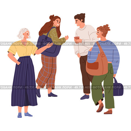 People talk when meet, friendly or work communication vector illustration. Cartoon men and women friends character talking, businessman and lady solve work task isolated on white. Business community. People talk when meet, friendly or work communication. Cartoon men and women friends characters. Стоковая иллюстрация, агентство Ingram Publishing / Фотобанк Лори