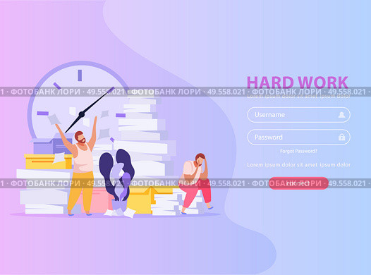 People tired from hard work with piles of papers flat background with login form vector illustration. Стоковая иллюстрация, агентство Ingram Publishing / Фотобанк Лори