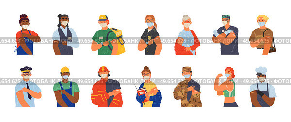 People vaccinated in arm set. Counteracting disease, increasing immunity, antiviral injection concept. Men and women of different professions show hand after injection. Vaccination, health care vector. People vaccinated in arm set. Counteracting disease, increase immunity, antiviral injection concept. Стоковая иллюстрация, агентство Ingram Publishing / Фотобанк Лори