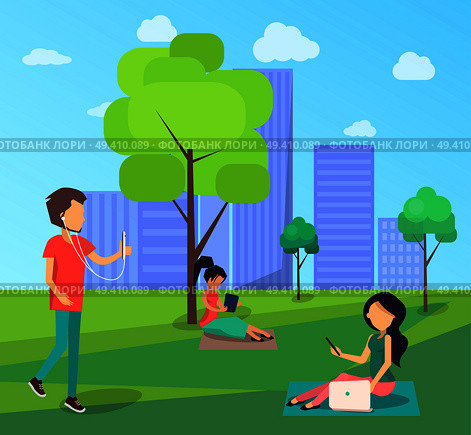 People walking in free wi-fi zone in central city park with modern gadgets, freelancers work and tree with laptop, entertain listening to music. People Walking in Free Wi-Fi Zone in City Park. Стоковая иллюстрация, агентство Ingram Publishing / Фотобанк Лори