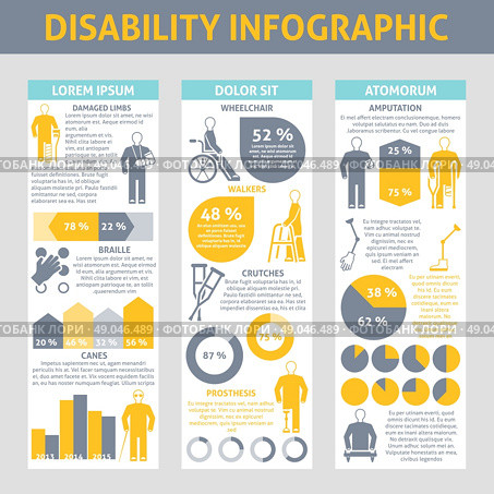 People With Disabilities Infographic Set. People with disabilities Infographic set with crutches prosthesis and braille symbols flat vector illustration . Стоковая иллюстрация, агентство Ingram Publishing / Фотобанк Лори