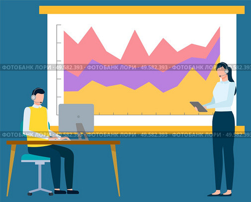 People working in office on analysis of information vector, man and woman with whiteboard and flowchart colored. Workspace workers with gadgets flat style. Whiteboard with Information Infochart Stats Info. Стоковая иллюстрация, агентство Ingram Publishing / Фотобанк Лори
