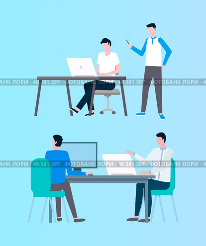 People working in office vector, boss giving tasks and controlling job development isolated set. Teamwork colleagues with project details on screens. People Working with Online Data, Coders Designers. Стоковая иллюстрация, агентство Ingram Publishing / Фотобанк Лори