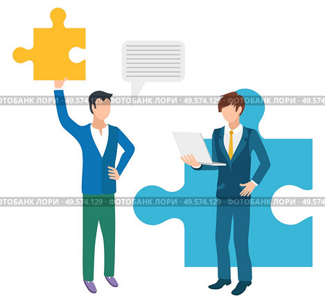People working on project together vector, man with partner and puzzles. Pieces of jigsaw businessman with worker using laptop digital device for work. Partnership and Collaboration at Work Business. Стоковая иллюстрация, агентство Ingram Publishing / Фотобанк Лори
